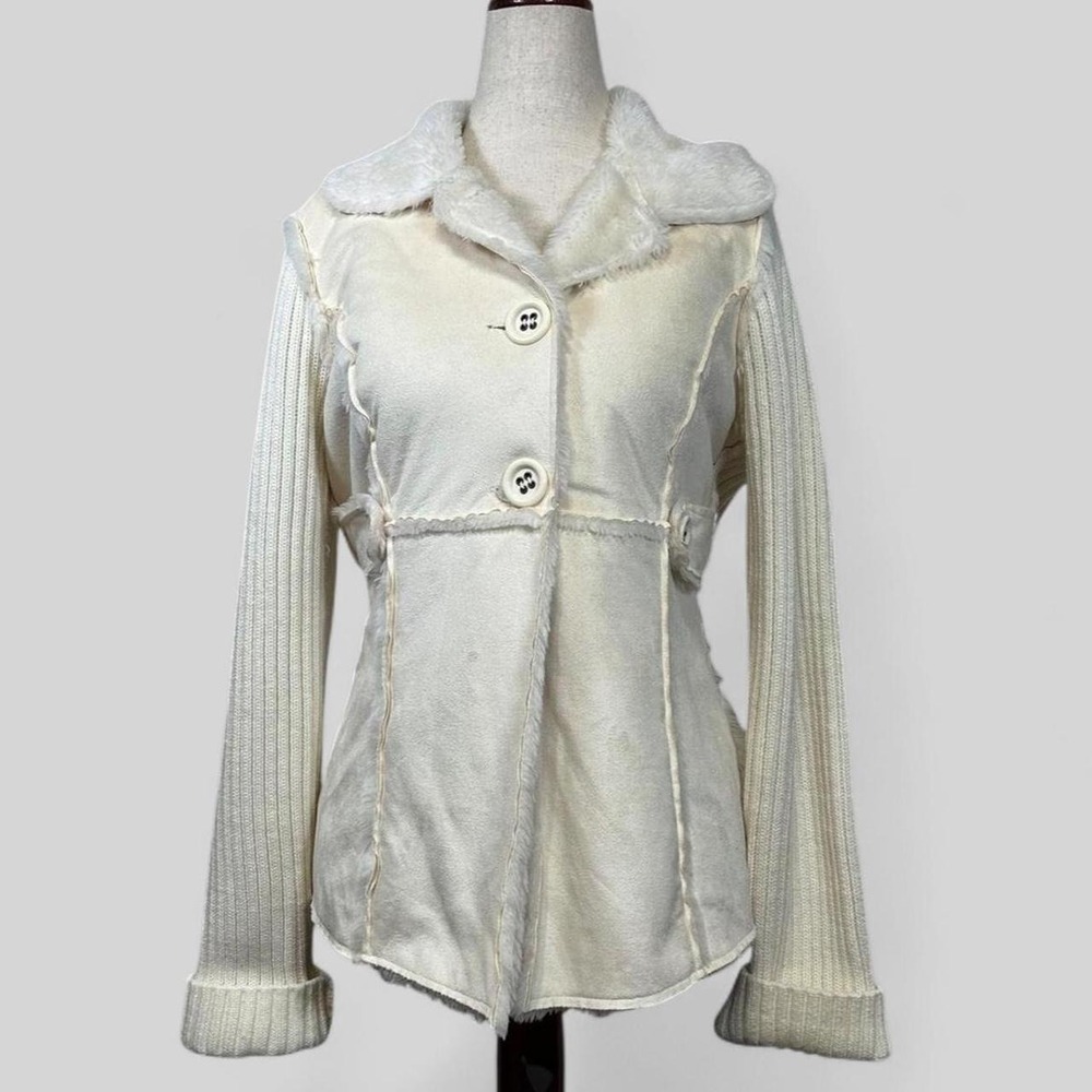 Y2K Faux Fur Suede Sweater Jacket Womens L Soft Girl Cozy Winter